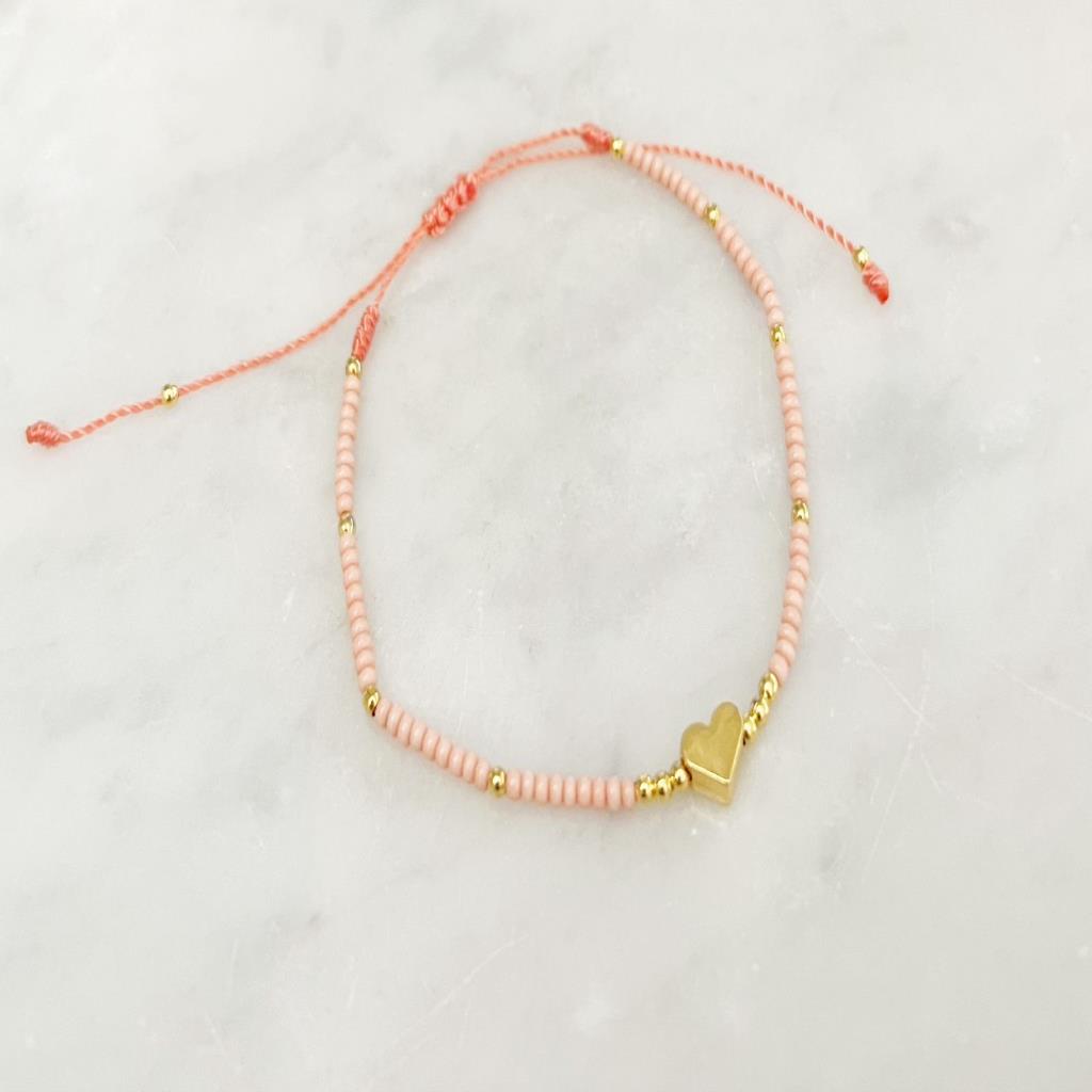 PULSERA CON CORAZON, ROSA, CHAPA DE ORO